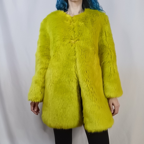 SYRIE Jackets & Blazers - Chartreuse Faux Fur Coat with Teal Satin Lining.